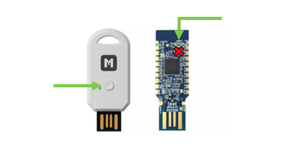 Nordic Dongle - green arrows point to the reset button
